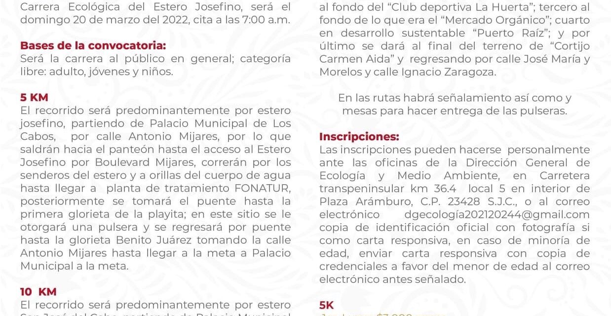 Gobierno de Los Cabos te invita a la Carrera Ecológica Estero Josefino.